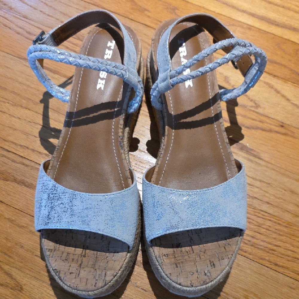 Trask Womens Silver Braided Espadrille & Cork Wedge Sandals. Size 9